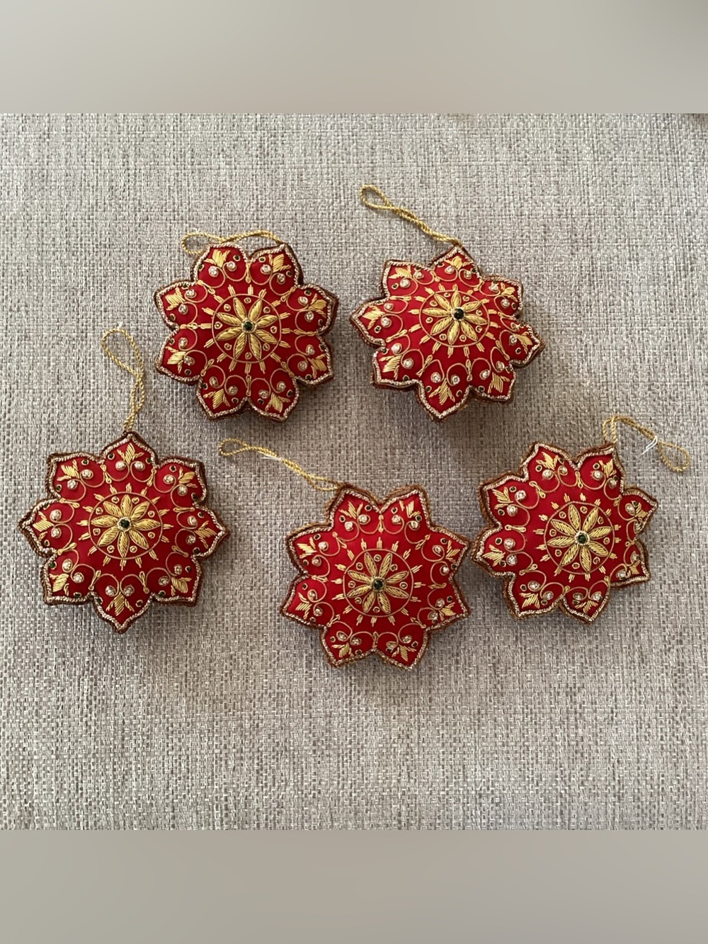 Red Star Shaped Padded Beaded Embroidered Christmas Tree Ornaments Set of 5
